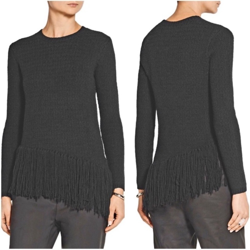 THEORY Sweater Hudina Asymmetrical Fringe Crew Merino Wool XS Office Luxury